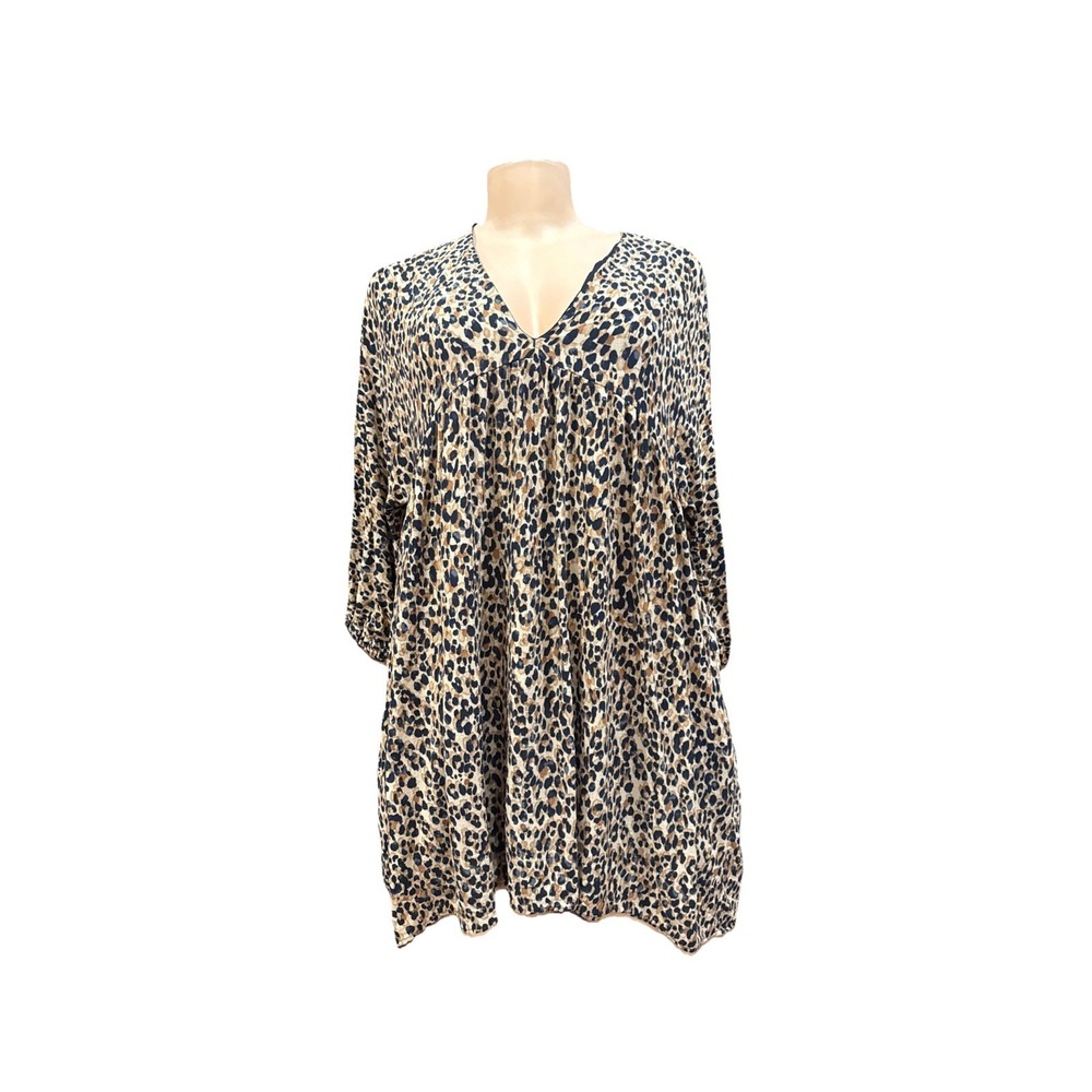 ZARA TRF Dress Size M‎ V Neck Leopard Animal Print 3/4 Sleeve Tunic Pockets